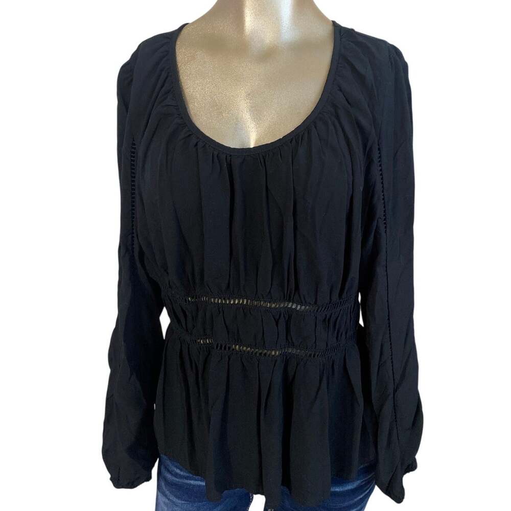 Old Navy Black Long Sleeve Scoop Neck Peplum Blouse Ladder Lace Trim Size L